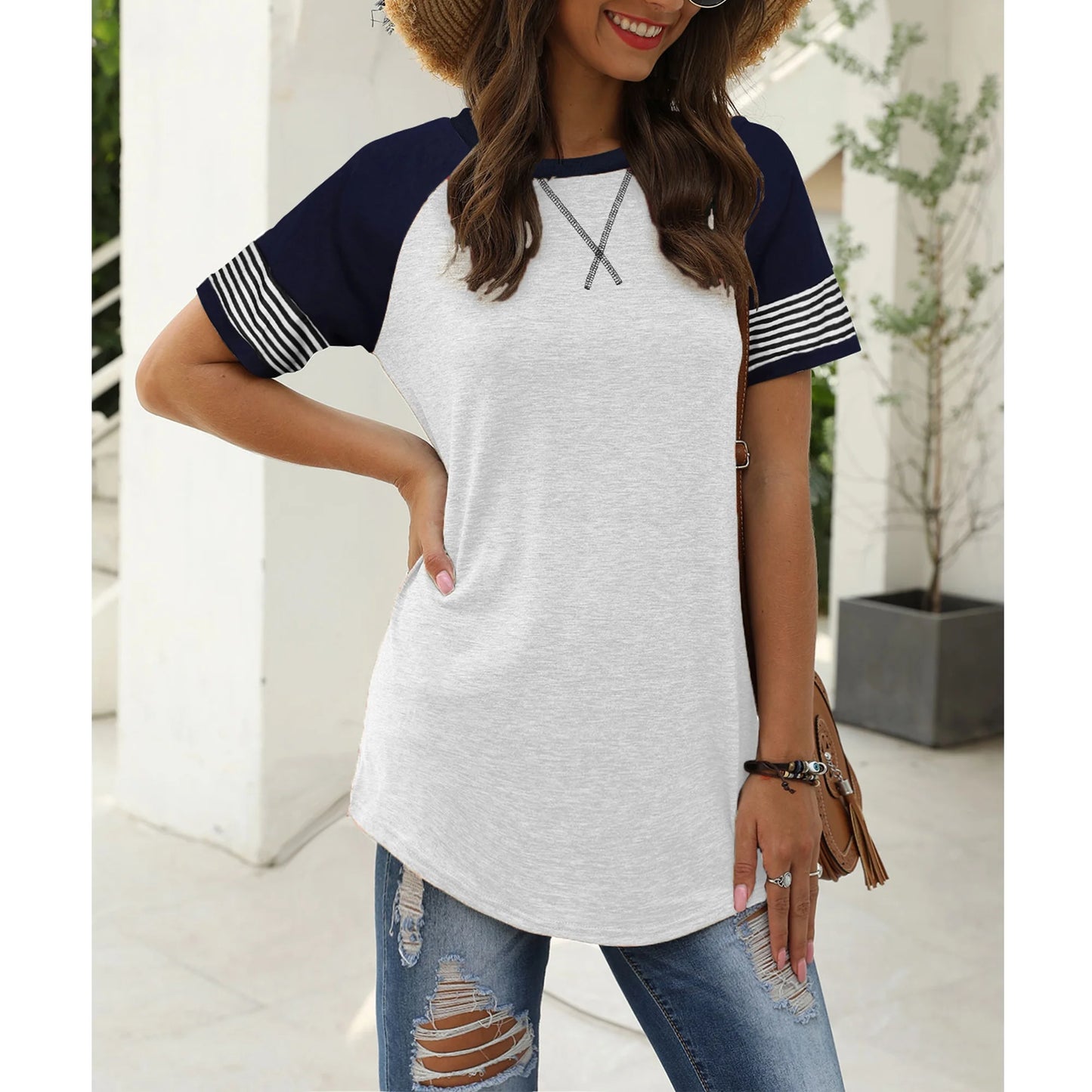 Women'S Top Casual Summer Tunic Shirt Striped Short Sleeve Crewneck Tshirts Fashion Trendy Winered Tees Y2K Blouses