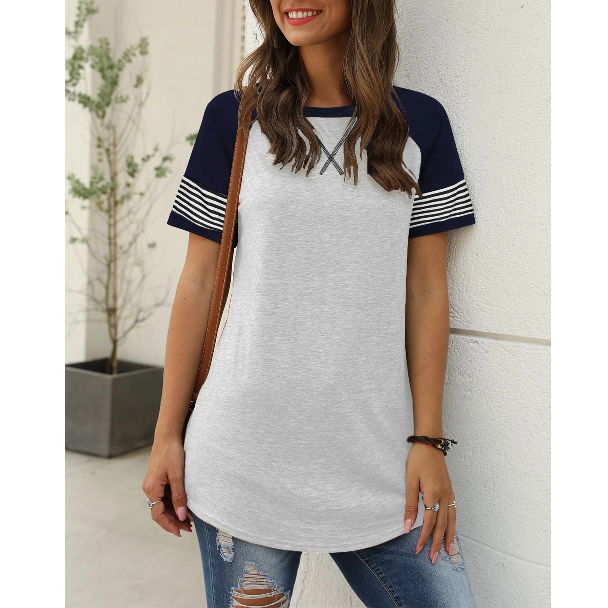 Women'S Top Casual Summer Tunic Shirt Striped Short Sleeve Crewneck Tshirts Fashion Trendy Winered Tees Y2K Blouses